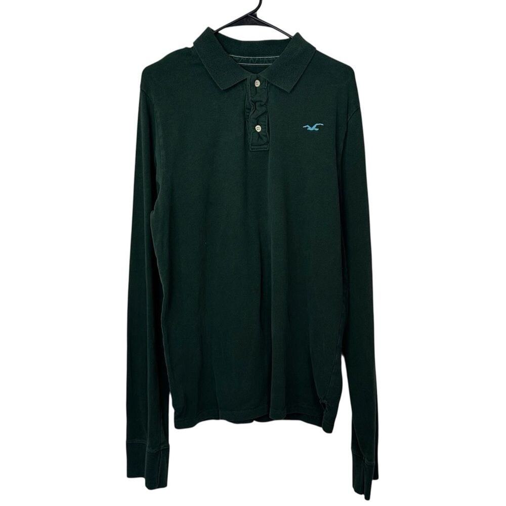 Hollister Long Sleeve Polo Shirt Size XL Green Cotton Y2K Preppy Seagull Logo